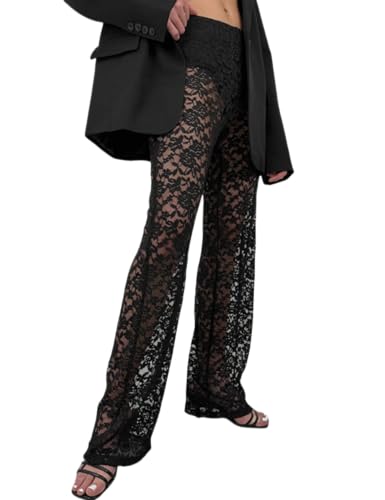 Perbai Women's Y2K Lace Bell Pants Sexy Crochet See Through Flare Leggings Floral Embroidered Mesh Beach Trousers(Black-M)