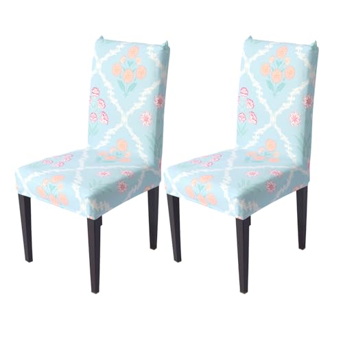 Image of House of Quirk Elastic Chair Cover Stretch Removable Washable Short Dining Chair Cover Protector Seat Slipcover (Pack of 2, Gulshan Sky)