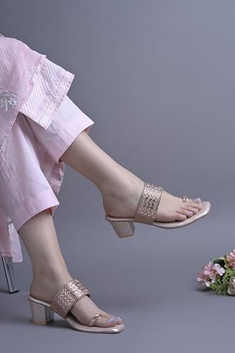 Image of JM LOOKS Women's Embellished Ethnic Heels Sandal with Toe Ring Design Comfortable Lightweight Heels for: Weddings, festive occasions.