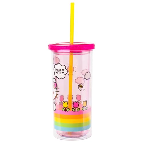 Image of Silver Buffalo Sanrio Hello Kitty Spring and Summer Flowers Rainbow Stripes Plastic Cold Cup with Lid and Straw, 20 Ounces | Flowers Rainbow Stripes, Includes Lid and Straw, 0.59 Liters