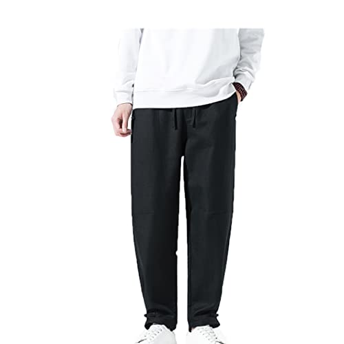 Disimlarl Men Winter Fleece Pants Chinese Style Warm Pants Thick Cotton Linen Oversized Trousers, Black, Medium
