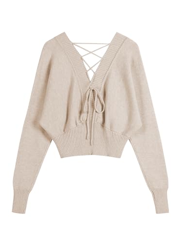 Image of ZAFUL Women V Neck Button Knit Crop Sweaters Batwing Sleeve V Back Ribbed Hem Pullover Sweater