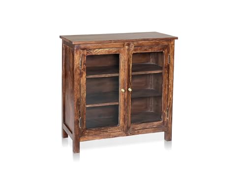 Image of APRODZ 2 Door Cabinet with Wicker Front 2 Shelves | Mango Wood Storage Organizer | Rustic Durable Stylish Wooden Furniture | Compact Design Home Decor (Tubaq)