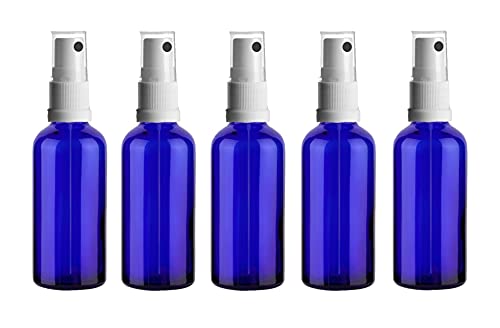 Preisvergleich Produktbild 5 x Blauglasflasche 100ml royalblau / Sprühflasche inkl. Pumpzerstäuber / Sprühkopf weiss DIN 18 mit transparenter Schutzkappe ***Apothekenqualität, gefertigt nach dem Europäischen Arzneibuch***