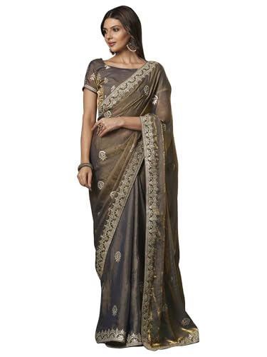 Image of SAREE MALL Women's Satin Silk Embroidered Saree With Unstitched Blouse (KRIYNS4001 KH Parent)
