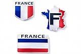 Lot de 3 autocollants voiture France aux couleurs bleu blanc rouge comprenant une carte de France, un drapeau français rectangulaire et un écusson avec inscription « France ». Autocollants décoratifs adaptés pour voiture, moto, scooter, camping-car et toutes surfaces lisses. Design sobre et visible pour une personnalisation élégante du véhicule. Pose simple et rapide, idéale pour un usage quotidien ou comme idée cadeau.