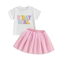 Baby Mädchen Geburtstag Outfit Kurzarm Brief Stickerei T-Shirt Mit Regenbogen Tüll Rock Baby Mädchen Geburtstag Prinzessin Tüllrock Geburtstag Spitzen Tutu Rock Outfit (Rosa-C, 4-5 Years)