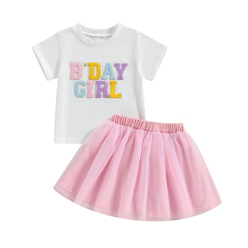 Baby Girl Birthday Outfit Embroidery Birthday Girl Shorts Sleeve Shirts and Tutu Skirts Set Baby Girl Birthdays Outfit (Pink, 5-6 Years)