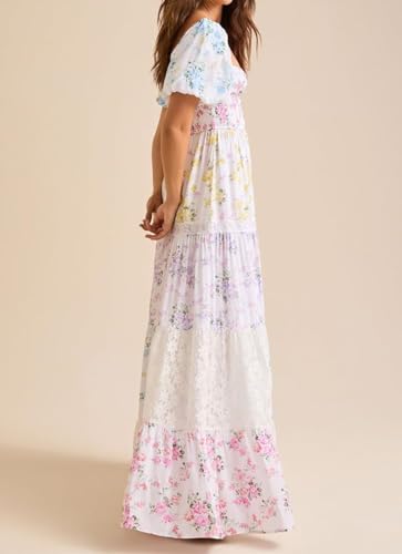 Womens Boho Floral Patchwork Maxi Dress Square Neck Smocked Puff Sleeve Lace Dresses Daytime Outfits3