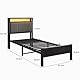 FOUBAM Bett 90x200,Bettgestell mit Ladestation, Robustes Metallbett mit Holz Stauraum-Kopfteil aus Stoff,Gästebett Jugendbett Einzelbett Bettrahmen,Metall mit Lattenrost, Schwarz