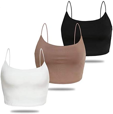 Amilia Women's Basic Solid Cami Spaghetti Double Layer Crop Tank Top (Black&White&Light Brown, S)