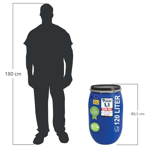 plasteo® 120 Liter Weithalsfass mit Deckel und Spannring Futtertonne Kunststofffass Universalfass Deckelfass Lebensmittelecht Wasserfass Regentonne Lagerfass | Stabile Griffmulden | Blau