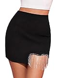 Verdusa Women's Rhinestone Fringe Trim High Waist Short Bodycon Pencil Skirt Black XL