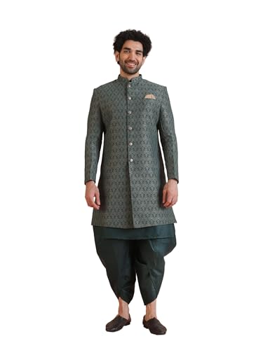 Image of KISAH Men's Kurta Sherwani Set Indo-Western Silk Blend, Geometric Design, Full Sleaves, Knee Length, Straight, Regular Fit, Mandarin Collar Ethnic Wear