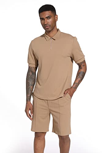 Fznhql Men's Tracksuits 2 Piece Outfit Short Sets Sweatsuits For Men Casual Summer Sports Jogging Suits Sets Clothing Party Set Khaki Brown Large #TOP3