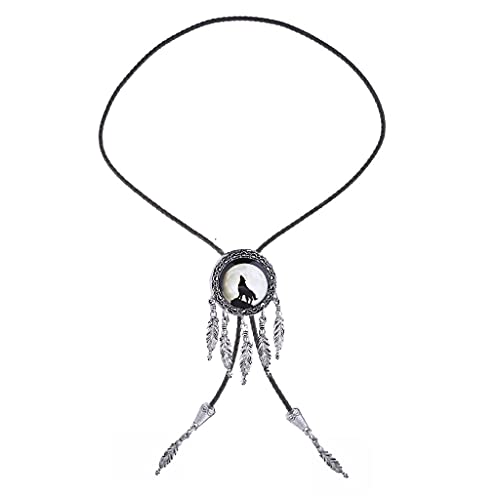 Himongoo Dreamcatcher Bolo Tie For Men Women Leather Rope Wedding Necklace Western Cowboy, Jade Turquoise Agate Dragon Elk Wolf (Wolf) #TOP3