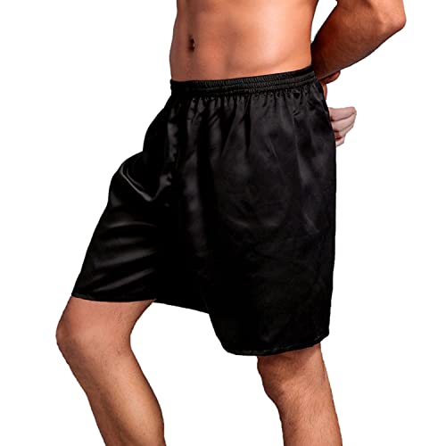 Lu's Chic Men's Satin Boxers Underwear Shorts Luxury Solid Soft Loungewear Pajama Short Pants E Black X-Large #TOP2