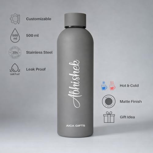 Image of AICA Personalized Name Stainless Steel Water Bottle -500ml-12Hrs Hot & 18Hrs Cold (Grey) |Customised Gift For Man Woman Girl Boy