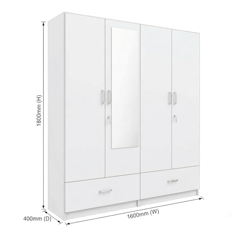 Image of VIKI Wardrobe | Wooden Almirah for 4 Door Wardrobe with 2 Split Drawer & Hanging Space with Mirror (Dark Wenge - 40D x 160W x 180.8H) | 1 Year Warranty | Free Assembly