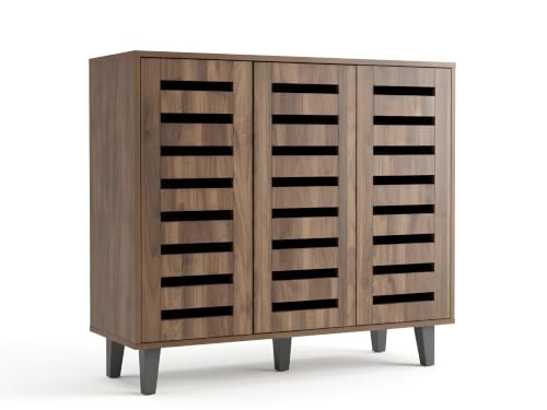 Image of Metro Three Door Engineered Wood Shoe Cabinet | Spacious Shoe Rack with Ventilated Slatted Doors | Modern Shoe Storage Organizer for Entryway, Hallway & Living Room | Walnut Finish
