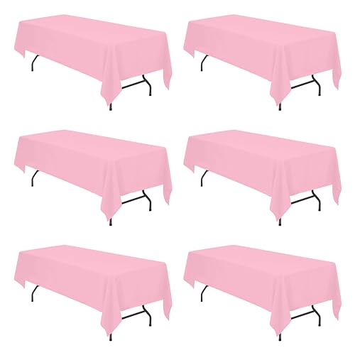 Image of BRILLMAX 6 Pack Pink Tablecloths 60 x 126 Inch for 8ft Rectangle Tables - 150 GSM Polyester Fabric, 15 inch Standard Drop, Water, Stain & Wrinkle Resistant Cloth Cover for Wedding Banquet Dining Buffet