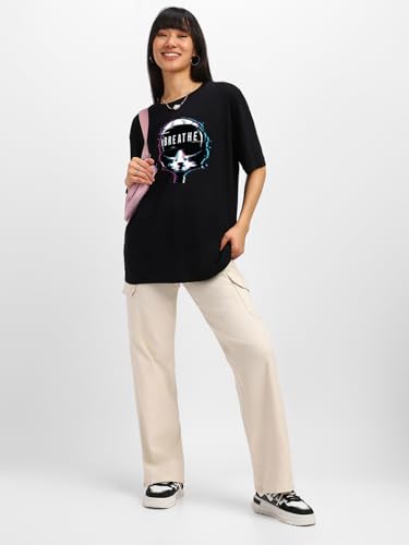 Image of JUNEBERRY Pure Cotton Round Neck Half Sleeve Oversized Baggy Fit Drop Shoulder Front Printed T-Shirt for Women