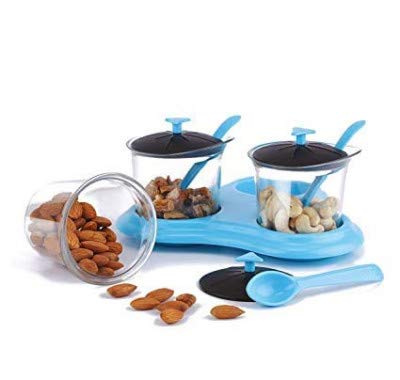 Qureza 3 Pc Dining Spice Rack- 3 in 1 Multipurpose Dining Achaar, Spices Container with Tray Holder and Spoon, Serving Dinner Condiment Set 3