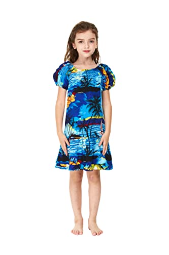 Girl Hawaiian Short Sleeve Simple Muumuu Ruffle Dress in Neon Sunset