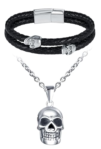 INFINIONLY Homme Colliers et Bracelet en Acier Inoxydable Mode Parures de Bijoux pour Garçons Adolescents Bracelet en Cuir Tressé Multicouche I0422