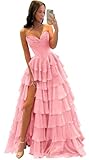 Misshow Robe de Bal Bustier Corset Volants Fente Haute, Robe Femme Chic Cérémonie Corset Structuré pour Bal de Promo Mariage Gala Rose L