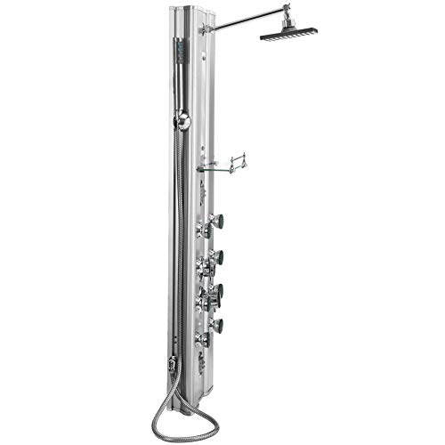 tectake® Colonne de douche 118 x 27 x 9,8 cm, Colonne de douche hydromassante 10 jets massage, Pommeau de douche à effet pluie, Douchette, Anti calcaire, Mitigeur, Miroir, Porte savon, Salle de bain