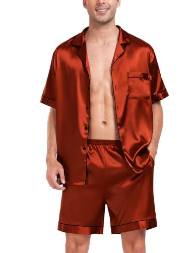 Image of SWOMOG Men Satin Silk Pajamas Sets Short Sleeve Sleepwear Button-Down PJs Sets Two-Pieces Loungewear with Pockets