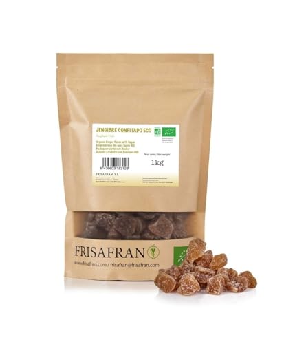 FRISAFRAN | Jengibre en Dados con Fructosa Ecológico 1kg | Rodajas de Jengibre Glaseadas | Caramelos de jengibre en dados | Jengibre Confitado | Superalimento Natural Sin Aditivos | Natural-Orgánico