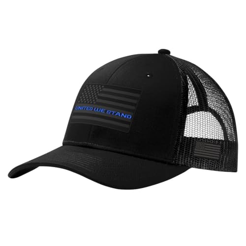 United We Stand - American Blue Line Flag Police Support Mens Stealth Patriotic Trucker Hat (Black/Black Hat One Size)
