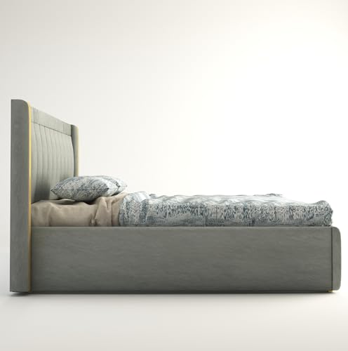 Image of MAMTA DECORATION Upholstered Queen Size Bed with Box Storage for Bedroom Furniture Solid Wood Fabric Bed Wooden Double Bed Cot Palang for Home Living Room and Hotels (Grey)