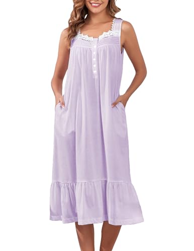 Image of Viakeo Cotton Nightgowns for Women Long House Dress Soft Sleepshirts With Pockets S-3XL