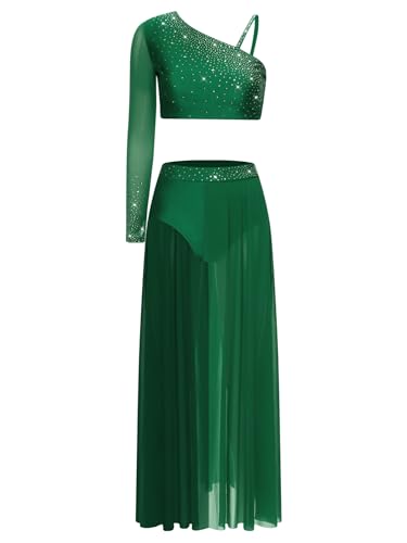 [RUNQHUI] Women's Lyrical Ballet Dancewear Irregular Sleeve Crop Top With Maxi Skirt Contemporary Dance Costume _[NO[ S
