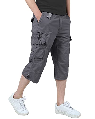 TIANBA Mens 3/4 Long Cargo Shorts Loose Fit Elastic Work Capri Shorts Below Knee Casual with 7 Pockets Grey 33