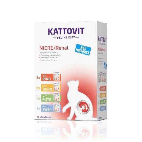 KATTOVIT - Niere/Renal Multipack Nassfutter für Katzen | Zur Unterstützung der Nierenfunktion für ausgewachsene Katzen. Diätfutter als Alleinfuttermittel im Frischebeutel | 12 x 85g