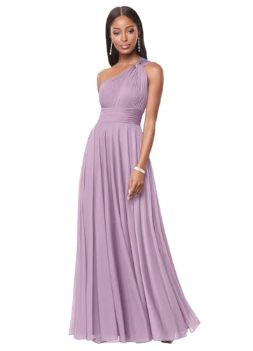 DDKoin Wisteria One Shoulder Bridesmaid Dresses for Women A Line Pleated Chiffon Long Formal Wedding Guest Dress with Pockets Size 14