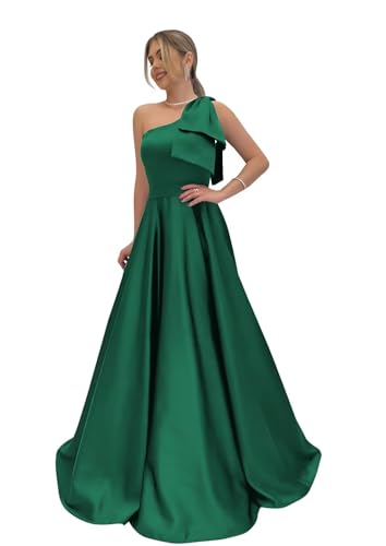MYDRESS One Shoulder Prom Dresses with Bow Satin Long Sleeveless Ball Gowns Prom Dresses with Pockets