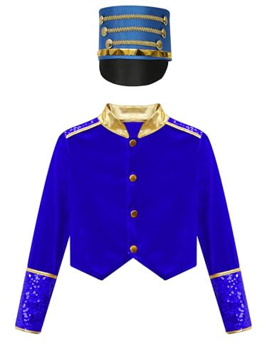 Kids Boys Girls Circus Ringmaster Sequins Coat Music Band Drummer Team Uniform with Soldier Cap3