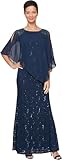 S.L. Fashions Women's Long Length Sequin Lace Beaded Capelet Dress, Formal Evening Gown, New Navy Capelet, 12P