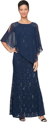 S.L. Fashions Women's Long Length Sequin Lace Beaded Capelet Dress, Formal Evening Gown, New Navy Capelet, 12P