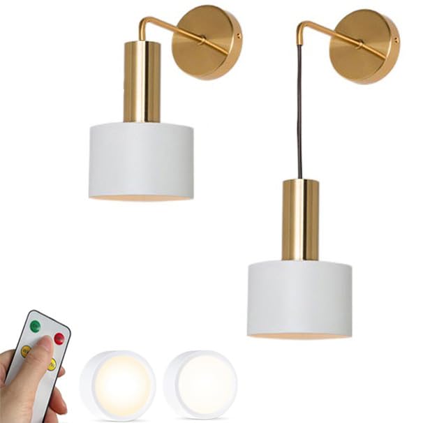 ZVALIEVYE Mid Century Modern Battery Operated Wall Light Set of 2 Battery Powered Wall Sconce with Remote Dimmable Led Bulb Rechargeable Cordless Wall Hanging Lamp for Bedroom Living Room Headboard/Wh