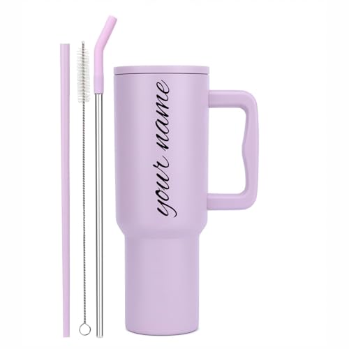 Image of Zephorus Personalized Stainless Steel Tumbler with Handle, 1200ml Capacity, Black Insulated Travel Mug with Straw, Custom Name Design (40 - Oz - Purple)