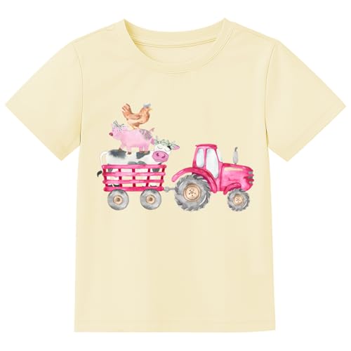 Boys Girls Farm Shirt Cute Animal Pink Tractor Graphic Short Sleeve T-Shirt Summer Cotton Tees Clothes 5T