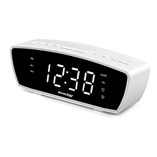 REACHER Modern Dual Alarm Clock Radio with Adjustable Alarm Volume for Heavy and Light Sleepers, USB Phone Charger Port, Sleep Timer, Dimmer, Snooze for Bedrooms Bedside (White)