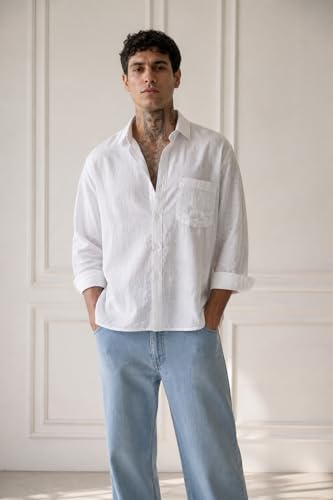 Image of SCRTCH White Boxy Fit Linen Shirt for Men | Full Sleeve Button Down Breathable Linen Fabric Relaxed Oversized Silhouette | Contemporary Street Style Shirt