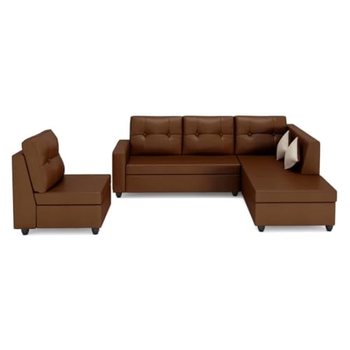 Image of FURNY - Nathanie 6 Seater Leatherette RHS L Shape Sofa Set (Brown) | Durable Comfort | Modern Design | Ideal for Living Room